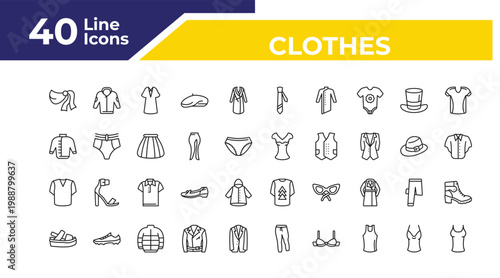outline clothes icons set - windbreaker, v neck shirt, platform sandals. editable vector for web and mobile ui