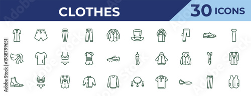 outline clothes icons set - top hat, shawl, brisk boots. editable vector for web and mobile ui