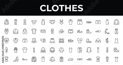 outline clothes icons set - briefs, jeans, denim jacket. editable vector for web and mobile ui