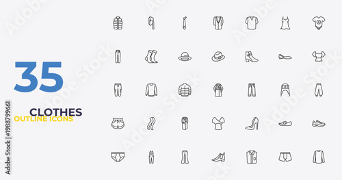 outline clothes icons set - men hat, high heel, long sleeves t shirt. editable vector for web and mobile ui