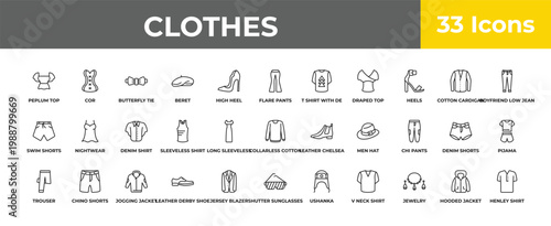 outline clothes icons set - denim shirt, chino shorts, henley shirt. editable vector for web and mobile ui