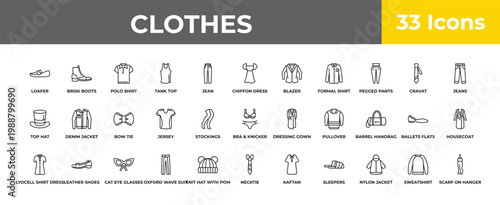 outline clothes icons set - bow tie, leather shoes, scarf on hanger. editable vector for web and mobile ui