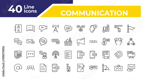 outline communication icons set - chatting, digital phone, arroba. editable vector for web and mobile ui