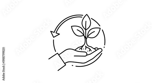 Hand holding seedling with recycling arrows, symbolizing growth, sustainability, and eco-friendly practices.