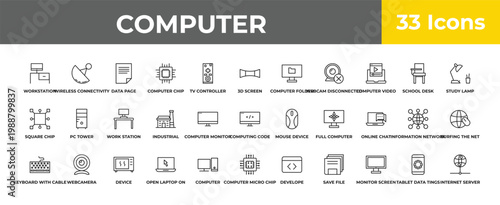 outline computer icons set - work station, webcamera, internet server. editable vector for web and mobile ui