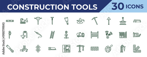 outline construction tools icons set - polishers, stillson wrench, chisel. editable vector for web and mobile ui