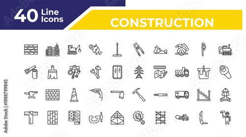 outline construction icons set - wood saw, anvil, boning rod. editable vector for web and mobile ui