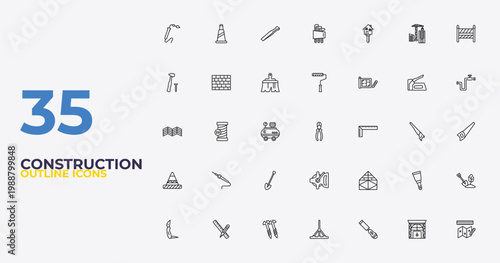 outline construction icons set - painter roller, joist, measures plan. editable vector for web and mobile ui