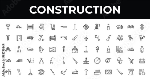 outline construction icons set - drawing, two screws, circular saw. editable vector for web and mobile ui