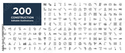 outline construction icons set - wallpaper, garage wrench, wedge tool. editable vector for web and mobile ui