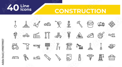 outline construction icons set - home key, steamroller, metal saw. editable vector for web and mobile ui