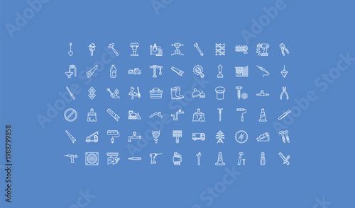 outline construction and tools icons set - garage wrench, big saw, drain. editable vector for web and mobile ui