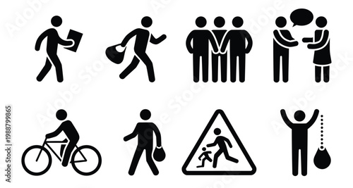 Foto Public theft icons illustration set, stick figure silhouettes showing pickpocketing bag snatching crowd stealing and running escape for safety awareness