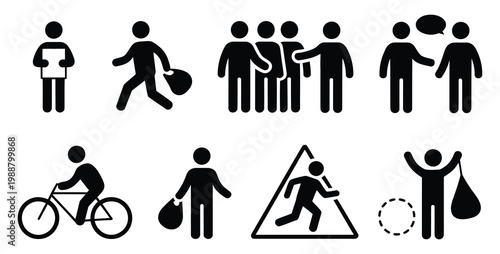 Tableau sur toile Street theft icons illustration set, stick figure silhouettes showing pickpocketing bag snatching crowd stealing and running escape for safety awareness