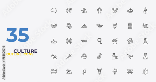outline culture icons set - mantecados, orujo, surfing a sea turtle. editable vector for web and mobile ui