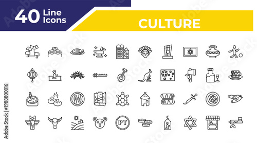 outline culture icons set - paper lantern, crema catalana, native american totem. editable vector for web and mobile ui