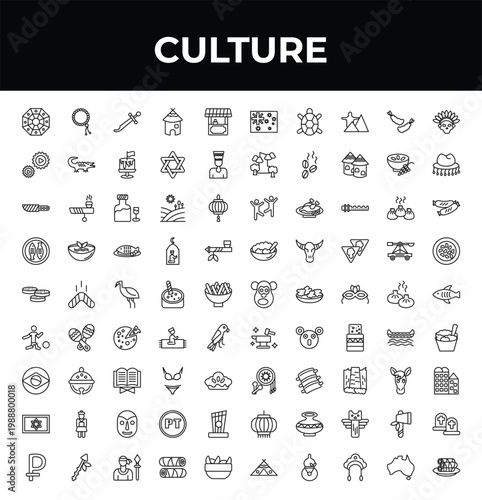outline culture icons set - ajotomate, mantecados, ruble. editable vector for web and mobile ui