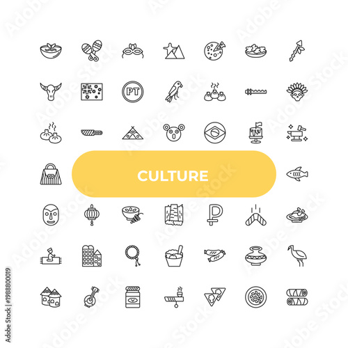 outline culture icons set - steamed bread, paper lantern, chorizo. editable vector for web and mobile ui