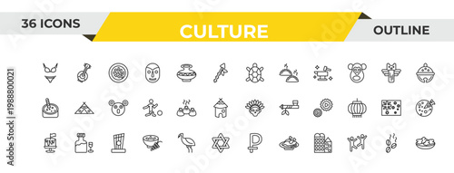 outline culture icons set - surfing a sea turtle, wontons, kankles. editable vector for web and mobile ui