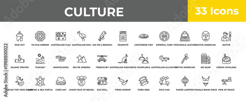 outline culture icons set - mantecados, surfing a sea turtle, pipe of peace. editable vector for web and mobile ui