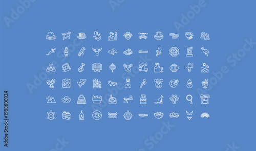 outline culture icons set - trebuchet, beijing roast duck, indian village. editable vector for web and mobile ui