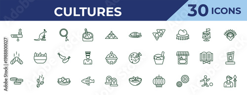 outline cultures icons set - cantonese fish, australian boomerang, mantecados. editable vector for web and mobile ui