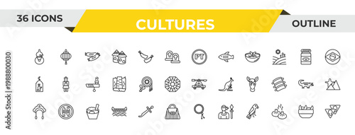 outline cultures icons set - portuguese, native american drum, rice pudding. editable vector for web and mobile ui