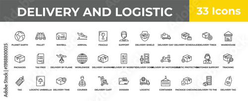 outline delivery and logistic icons set - delivery by plane, logistic umbrella, delivery tag. editable vector for web and mobile ui