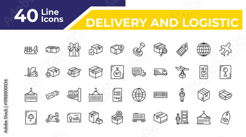 outline delivery and logistic icons set - forklift, container, logistic umbrella. editable vector for web and mobile ui