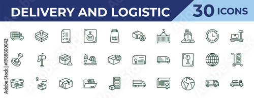 outline delivery and logistic icons set - delivery tings, stamp, post office. editable vector for web and mobile ui