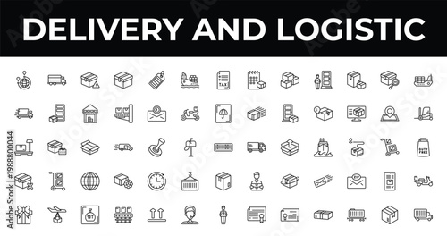 outline delivery and logistic icons set - ship by sea, forklift, conveyor. editable vector for web and mobile ui