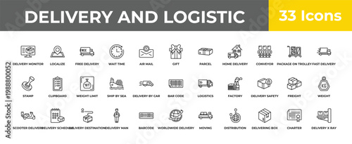 outline delivery and logistic icons set - weight limit, delivery schedule, delivery x ray. editable vector for web and mobile ui