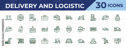outline delivery and logistic icons set - delivery by bike, package checking, factory. editable vector for web and mobile ui
