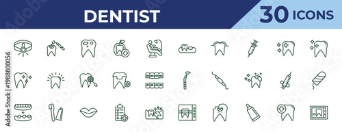 outline dentist icons set - partial denture, clean tooth, overdenture. editable vector for web and mobile ui
