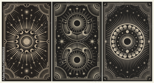 A series of Tarot black and gold cards with a crescent moon, stars and mystical elements on them. Vector illustration
