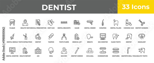 outline dentist icons set - dentist, health report, healthy tooth. editable vector for web and mobile ui