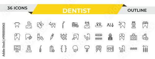 outline dentist icons set - sick girl, dental protection, scraping. editable vector for web and mobile ui
