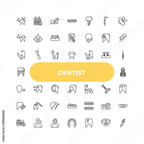 outline dentist icons set - dental chair, healthy tooth, lingual braces. editable vector for web and mobile ui
