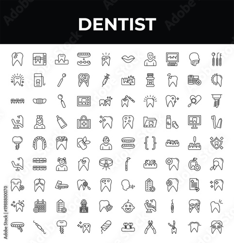 outline dentist icons set - white teeth, implant, dental veneer. editable vector for web and mobile ui