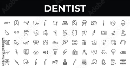 outline dentist icons set - dental, healthy boy, scraping. editable vector for web and mobile ui