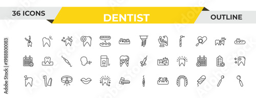 outline dentist icons set - implant fixture, dental floss, headlamp. editable vector for web and mobile ui