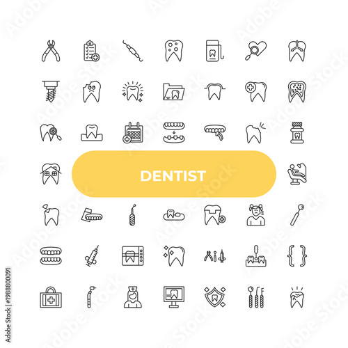 outline dentist icons set - dental checkup, denture, dental hook. editable vector for web and mobile ui