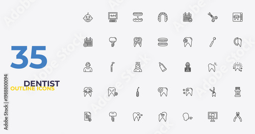 outline dentist icons set - dentures, healthy tooth, tooth pliers. editable vector for web and mobile ui