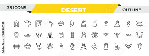 outline desert icons set - industry, cleopatra, scorpion. editable vector for web and mobile ui