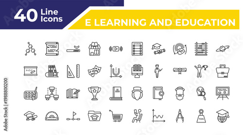 outline e learning and education icons set - blackboard eraser, watercolor, graduating. editable vector for web and mobile ui