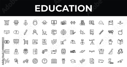 outline education icons set - distance teacher, sticky note, parasites. editable vector for web and mobile ui