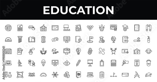 outline education icons set - university class, plant sample, semicircles. editable vector for web and mobile ui