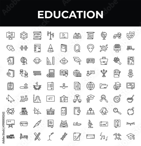 outline education icons set - love, clipboard with a+, library books. editable vector for web and mobile ui