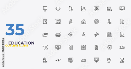 outline education icons set - archimedes principle, library, college graduation. editable vector for web and mobile ui
