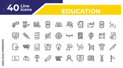 outline education icons set - online test, audiobook, video tutorials. editable vector for web and mobile ui